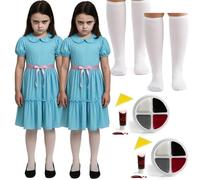 Girls Haunted Twins Costume - 2x Blue Dresses, 2x White Stockings & Face Paints - Scary Trick or Treat Halloween Fancy Dress, TV Movie Inspired Costume for Pairs