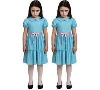 Girls Haunted Twins Costume - Large + Large - 2x Blue Dresses with Puffy Sleeves & Pink Ribbon Waistbands - Girls Pair TV Movie Scary Trick or Treat Halloween Fancy Dress Costume