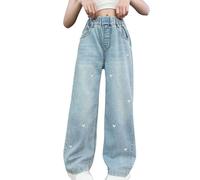 Girls Heart Jeans Kids Baggy Jeans Cute Embroidery Pattern Light Blue Elasticated Waist Teens Denim Cargo Trousers Wide Leg Girl Hip Hop Pants Vintage Casual Spring Summer Joggers (Blue, 15-16 Years)