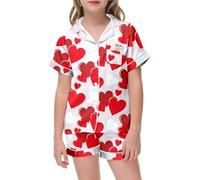 Girls' Heart Print Set Short Sleeve Button Down Top with Matching Shorts Comfortable Home First Valentines Day Baby Valentine Dress Girls Boy Clothes Kids