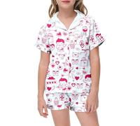 Girls' Heart Print Set Short Sleeve Button Front Top with Matching Shorts Comfortable Home First Birthday Outfit Girl Easter Girls Toddler Suit Clothing