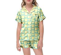 Girls' Heart Print Set Short Sleeve Button Front Top with Matching Shorts Comfortable Home Girls Valentines Outfit Age 10 Tracksuit Red Joggers Kids Teen Girl Clothes