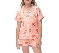 Girls' Heart Print Set Short Sleeve Button Front Top with Matching Shorts Comfortable Home Valentines Clothes Girls Red Tracksuit Baby Girl Outfit