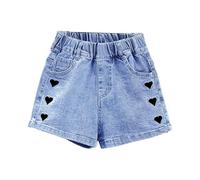 Girls' Heart Print Thin Denim Shorts - Stretch Washed, Casual Spring Summer, All-Over Red Heart Pattern on Light Denim, Cute for Valentine or Daily, Sizes 5-12, Raw Hem#g