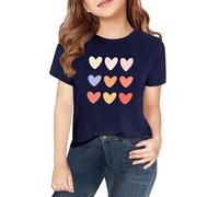 Girls Heart T Shirts Cotton Kids Short Sleeve Athletic Tee Crew Neck School Clothes Personalized Tops Cute Graphic Summer Tshirt Casual Loose Basic Tee (Navy-b, 8-9 Years)