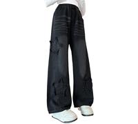 Girls High Elastic Waist Jeans Teen Straight Wide Leg Denim Trouser Casual Loose Fit Star Embroidery Pants with Pockets Straight-Leg Baggy Jean Boyfriends Streetwear (Black, 10-11 Years)