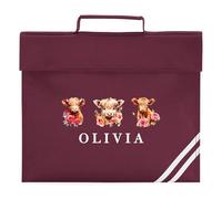 Girls Highland Cow Custom Book Bag Personalised Name Floral Cows School Reading Folder for Primary Kids Reception Infants, One Size, Maroon