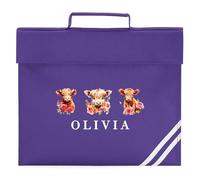 Girls Highland Cow Custom Book Bag Personalised Name Floral Cows School Reading Folder for Primary Kids Reception Infants, One Size, Purple