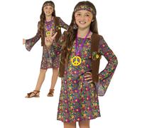 Girls Hippie Costume Hippy 60s 70s Retro Party Kids Fancy Dress + Accessories