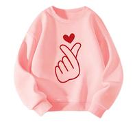 Girls Hoodie Heart Shaped Printed Autumn Winter Off Shoulder Loose Version Comfortable Casual Round Neck Long Sleeve Top Age 5-12 Years Pink