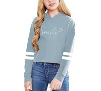 Girls Hoodie Letter Print Solid Colour Short Pullover Long Sleeve Soft Casual Sweatshirt Jumper Top for Trendy School Everyday Cosy Cropped Look(Light Blue, 12-13 Years)