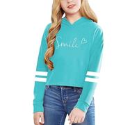 Girls Hoodie Letter Print Solid Colour Short Pullover Long Sleeve Soft Casual Sweatshirt Jumper Top for Trendy School Everyday Cosy Cropped Look(Sky Blue, 3-4 Years)