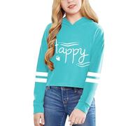 Girls Hoodie Letter Print Solid Colour Short Pullover Long Sleeve Soft Casual Sweatshirt Jumper Top for Trendy School Everyday Cosy Cropped Style(Sky Blue, 6-7 Years)