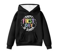 Girls Hoodies Long Sleeve Sweatshirt Hooded Pullover Happy First Day of School Letter Printed Top Back to School Clothes Tops Warm Oversized Hoodie Breathable Childrens Costume Black 9-10 Years