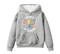 Girls Hoodies Long Sleeve Sweatshirt Hooded Pullover Happy First Day of School Letter Printed Top Back to School Clothes Tops Warm Oversized Hoodie Breathable Childrens Costume Grey 9-10 Years