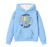 Girls Hoodies Long Sleeve Sweatshirt Hooded Pullover Happy First Day of School Letter Printed Top Back to School Clothes Tops Warm Oversized Hoodie Breathable Childrens Costume Sky Blue 10-11 Years