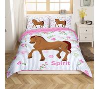 Girls Horse Bedding Set Kids Cartoon Farmhorse Floral Comforter Cover for Toddler Baby Girl Pink Blue Stripe Duvet Cover Breathable Spirit Horse Animal Bedspread Cover Quilt Cover Single Size