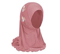 Girls Ice Silk Muslim Khimar Hijab Headscarf Flower Arab Scarf Shawls Stretch Turban Neck Wrap Islamic Head Wrap for Age 2-7 Years Girls