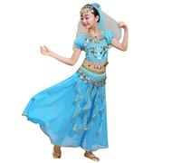 Girls Indian Belly Dance Sequins Halloween Carnival Outfits Sets Festive Glitter Sparkling Stage Performance Show Wear Bracelet Headband Oriental Party (Sky Blue, 5-6 Years)