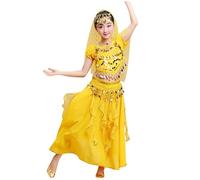Girls Indian Belly Dance Sequins Halloween Carnival Outfits Sets Festive Glitter Sparkling Stage Performance Show Wear Bracelet Headband Oriental Party (Yellow, 5-6 Years)
