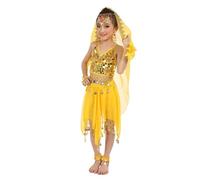 Girls Indian Dance Costume Sequin Mesh Outfit Childrens Belly Dance Performance Show Elegant Sparkly Party Wear Festive Attire (B-Yellow, 5-9 Years)