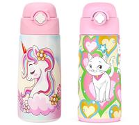 Girls Insulated Water Bottle with Covered Pop-Up Straw,500 Ml Kids Cups with Stainless Steel Leak Proof for School（2PCS,Unicorn+Cat）