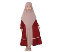 Girls Islamic Prayer Dress Abaya with Hijab Attached Long Sleeve Round Neck Kids Jilbab Mdest Ruffle Maxi Ramadan Dress Eid Oufits Casual Party Wear for Family Ramadan Dinner Parties Red