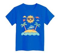 Girls Island Print T Shirt Comfortable Casual Top for Kids Beach Holiday Summer Daily Wear Soft Breathable Tee (Blue-i, 6-7 Years)