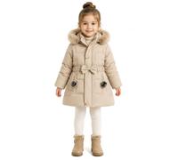 Girls Jacket Belted Bow Fur Hood Puffer Coat with Pom Pockets UK 4-13Y | Stylish Thick Warm Mid Length Padded Coats Casual Button Zip Up Waist Bow Rhinestone Parka Autumn Winter School Outdoor