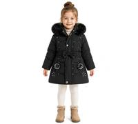 Girls Jacket Belted Bow Fur Hood Puffer Coat with Pom Pockets UK 4-13Y | Stylish Thick Warm Mid Length Padded Coats Casual Button Zip Up Waist Bow Rhinestone Parka Autumn Winter School Outdoor
