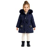 Girls Jacket Belted Bow Fur Hood Puffer Coat with Pom Pockets UK 4-13Y | Stylish Thick Warm Mid Length Padded Coats Casual Button Zip Up Waist Bow Rhinestone Parka Autumn Winter School Outdoor