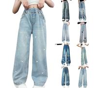 Girls Jeans High Elasticated Waist Wide Leg Jeans Baggy Fashion Embroidery Straight Leg Denim Trousers Loose Fit Casual Stretchy Washed Trousers Retro Hip Hop Y2k Streetwear with Pockets 5-16 Years