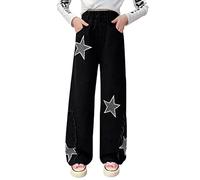 Girls' Jeans Washed Elastic Waist Wide Leg Baggy Trousers Vintage Casual Denim Pants Ripped Distressed Denim Pants Elastic Waist Baggy Trousers Vintage Pants Black Age 13-15 Years