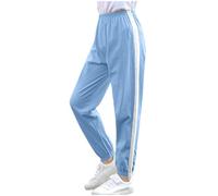 Girls Joggers Striped High Waisted Cuffed Ankles Football Training Tracksuit Cotton Elasticated Waist Baggy Sweatpants Pants Jogging Summer Lounge Jog Sports Gym Wear 3-12 Years Light Blue 5 Years