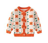 Girls Jumper Knitwear Kids Sports Jacket Round Neck Christmas Knitted School Top Long Sleeve Button Flower Orange Cardigans Warm Sweater Age 3 Years