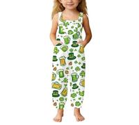 Girls Jumpsuit Spaghetti Strap Loose Girls St Patricks Day Overalls Rompers Baggy Print Playsuits Long Pants Dungarees with Pockets Age 5-14 Years Leprechaun Costume Funny Irish Gifts White