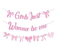 Girls Just Wanna Be One Birthday Banner Party Decorations, Pink Bow Garland Banner First Birthday Supplies for Girls, One Year Old Party Decor
