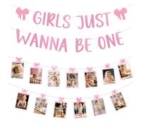 Girls Just Wanna Be One Birthday Decorations, Pastel Pink and Purple Bow Themed Banner and Photo Garland Set, First Birthday Party Decor for Baby Girl