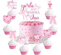 Girls Just Wanna Be One Cake Topper 25Pcs Pink Bow First Birthday Cake and Cupcake Toppers Coquette Cake Decorations for Girls First Birthday Supplies