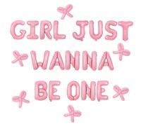Girls Just Wanna Be One Decorations, Girls 1st Birthday Foil Balloon Banner Pink Bow First Birthday Balloons Set for Baby Girl Little Princess 1 Year Old Party Baby Shower Christening Supplies