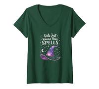 Girls Just Wanna Have Spells Witchy Magical Starry Night V-Neck T-Shirt, Women, Forest Green, M
