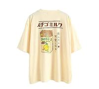 Girl's Kawaii T-Shirt Japanese Style Fruit Juice Print Tee Cotton Summer Tops Teens Casual T-Shirts (Yellow)