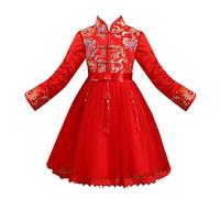 Girls Kid Chinese New Year Tang Suit Embroidery Dresses Chinese Knot Toddler Overall Dress Suit Child Multi-Layer Tulle Skirt Bow Button Stand Collar Chinese Classical Clothes (Red, 9-10 Years)