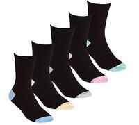 Girls Kids Childrens Crew Socks Multipack Multibuy 5 Pairs Contrast Toe & Heel Black Cotton Rich Pastel Size 9-12