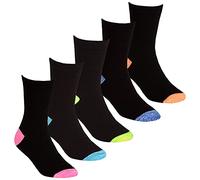 Girls Kids Childrens Crew Socks Multipack Multibuy 5 Pairs Contrast Toe & Heel Black Cotton Rich Vibrant Size 6-8.5