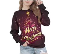 Girls Kids Christmas Jumper Long Sleeve Xmas Tree Sweatshirt, Winter Long Sleeve Tops Cotton Pullover Crew Neck Festival Casual Party Clothes Brown 12 Years