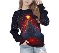 Girls Kids Christmas Jumper Long Sleeve Xmas Tree Sweatshirt, Winter Long Sleeve Tops Cotton Pullover Crew Neck Festival Casual Party Clothes Dark Blue 9 Years