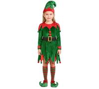 Girls Kids ElfSanta's Costume Little Helper Christmas Fancy Dress Party Costume Roleplay Christmas Costumes Xmas Holiday Outfits ElvesCostumes for Kids Dress+Pants+Hat+Belt (Green-g, 7-9 Years)
