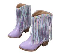 Girls Kids Metallic Fringe Knee High Cowboy Boots with Tassel Party Country Concert Sequin Mid Calf Shoes Sparkly Western Boots