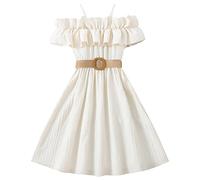 Girls Kids Off Shoulder Ruffle Trim Cami Pleated Dresses Belted A Line Midi Dress Solid Holiday Party Dress Sleeveless Solid Dance Dresses Clothes (White, 10-11 Years)
